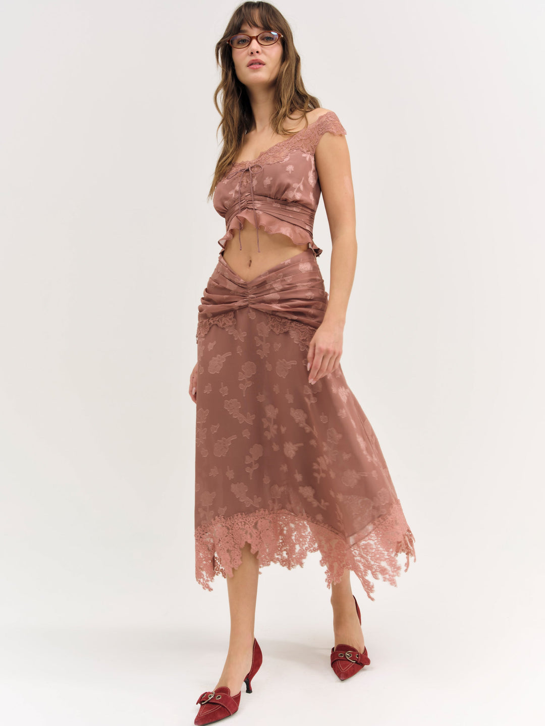Colette Satin Burnout Midi Skirt Mahogany