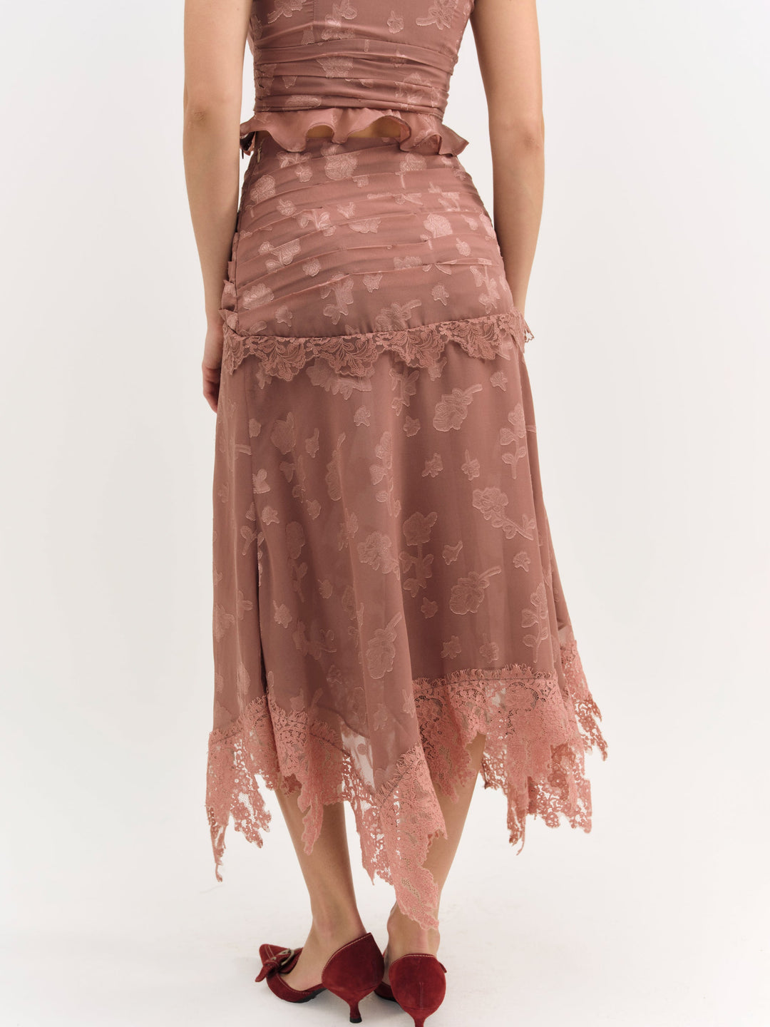 Colette Satin Burnout Midi Skirt Mahogany