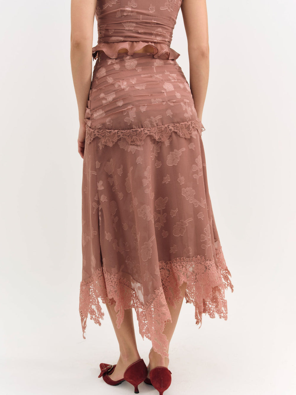 Colette Satin Burnout Midi Skirt Mahogany