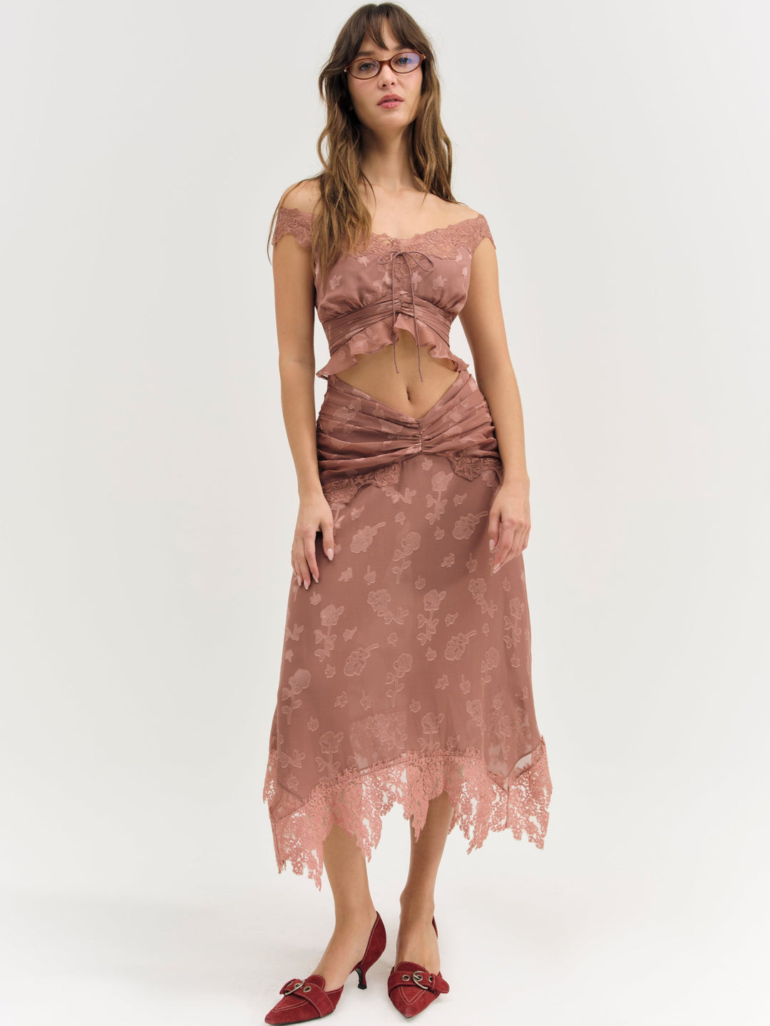 Colette Satin Burnout Midi Skirt Mahogany