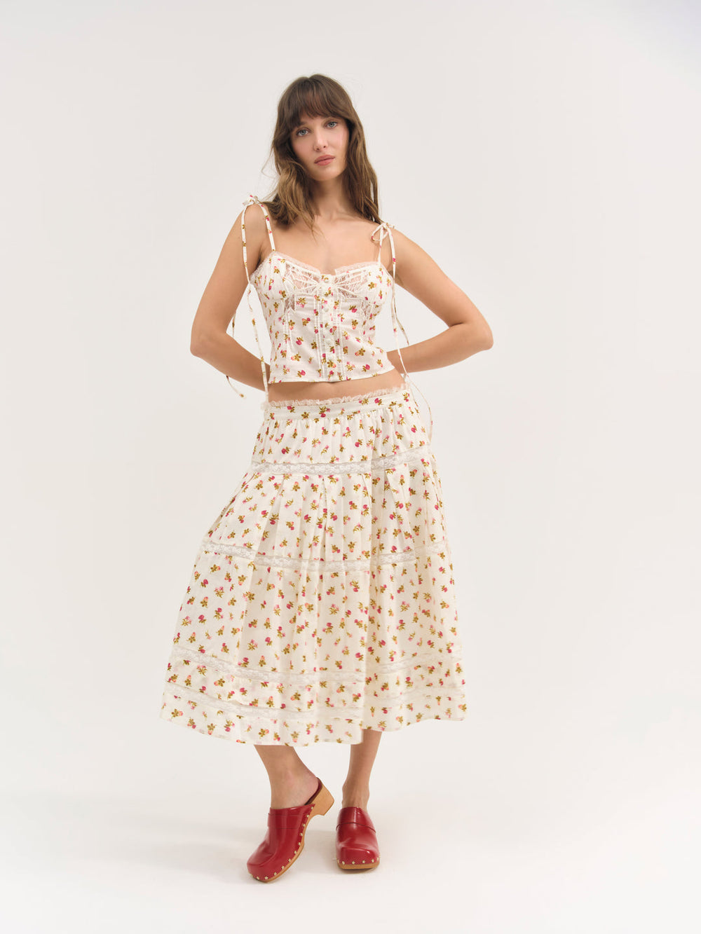 Adahlia Floral Midi Skirt Cream