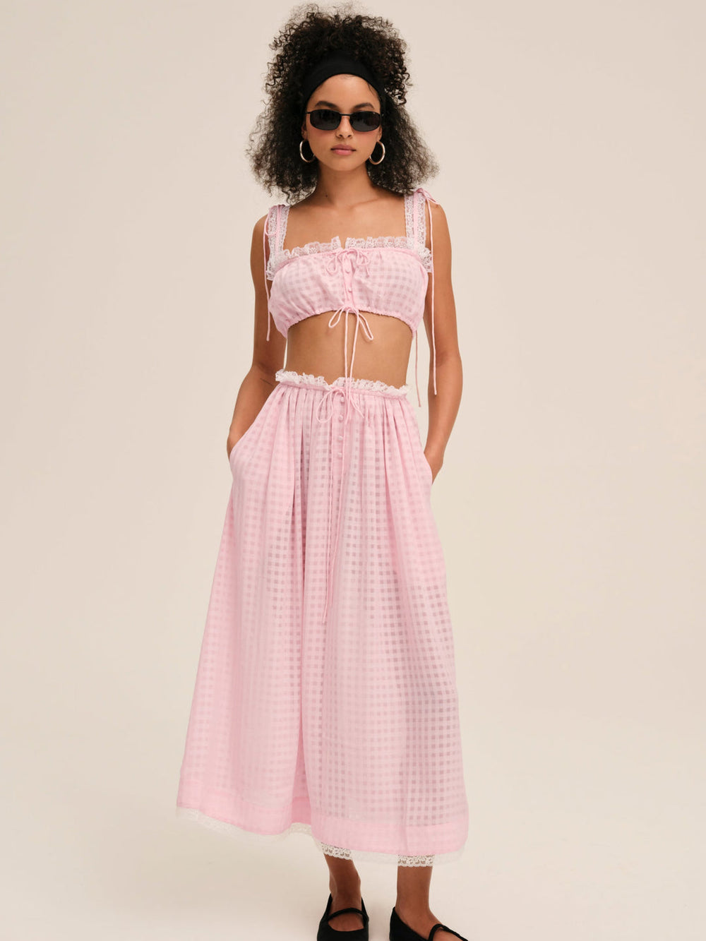 Ginny Gingham Midi Skirt Pink