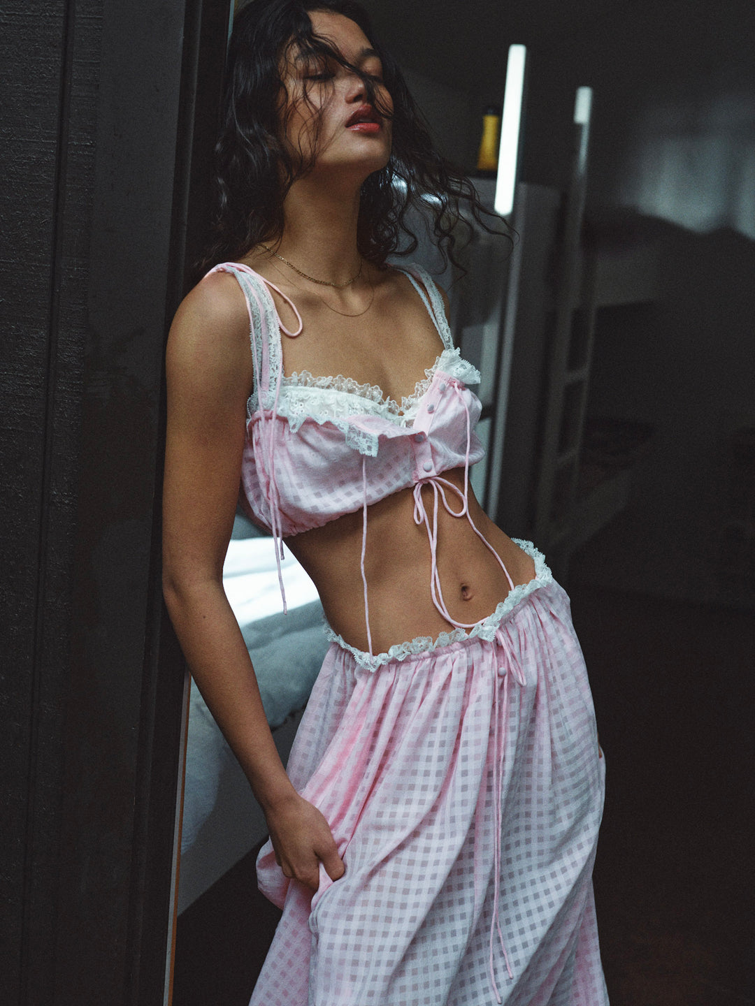 Ginny Gingham Midi Skirt Pink