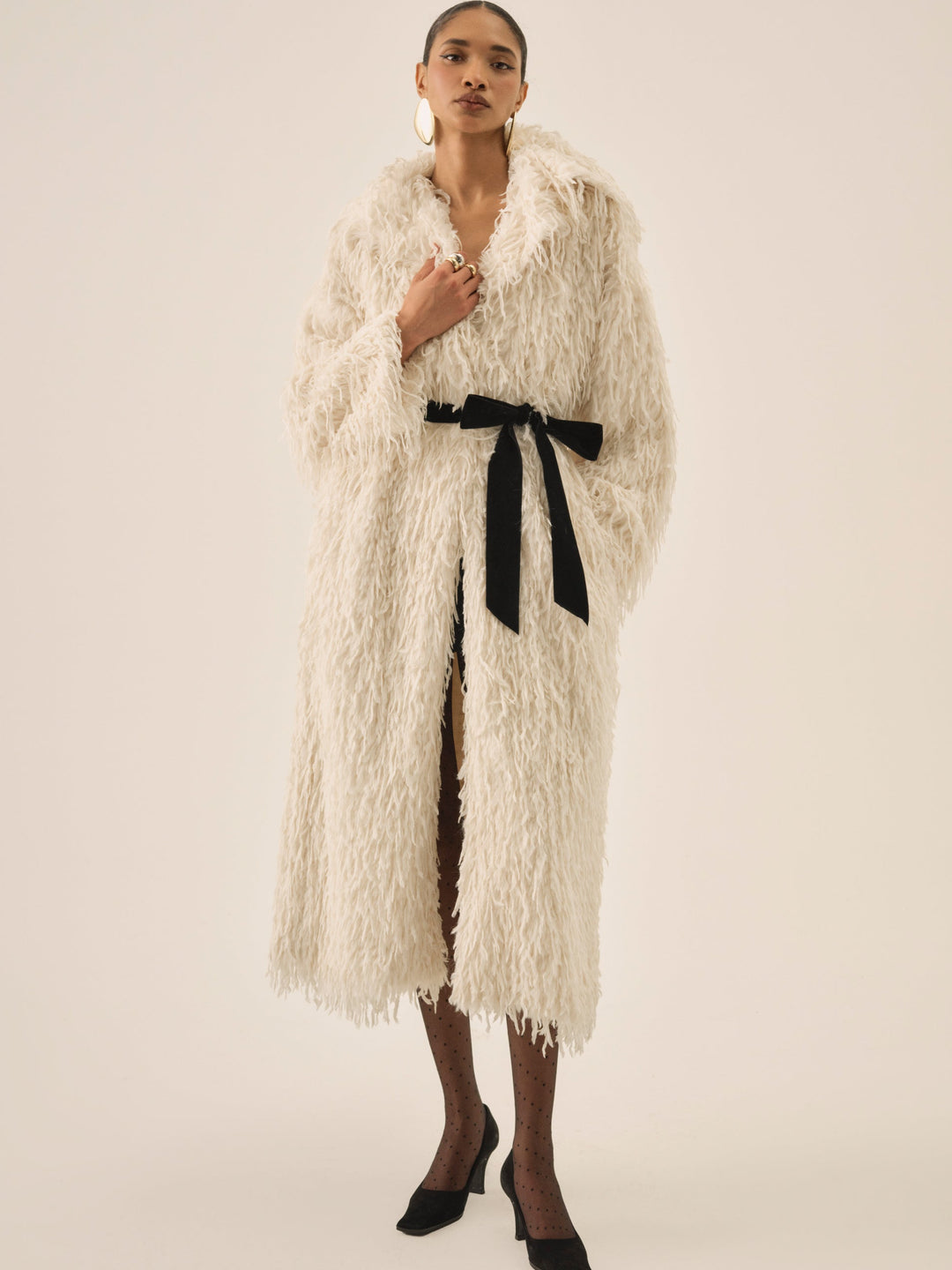 Ruffle Faux Feather Coat Cream
