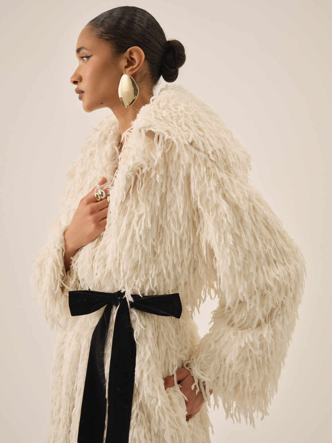 Ruffle Faux Feather Coat Cream