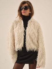 Ruffle Faux Feather Jacket Cream