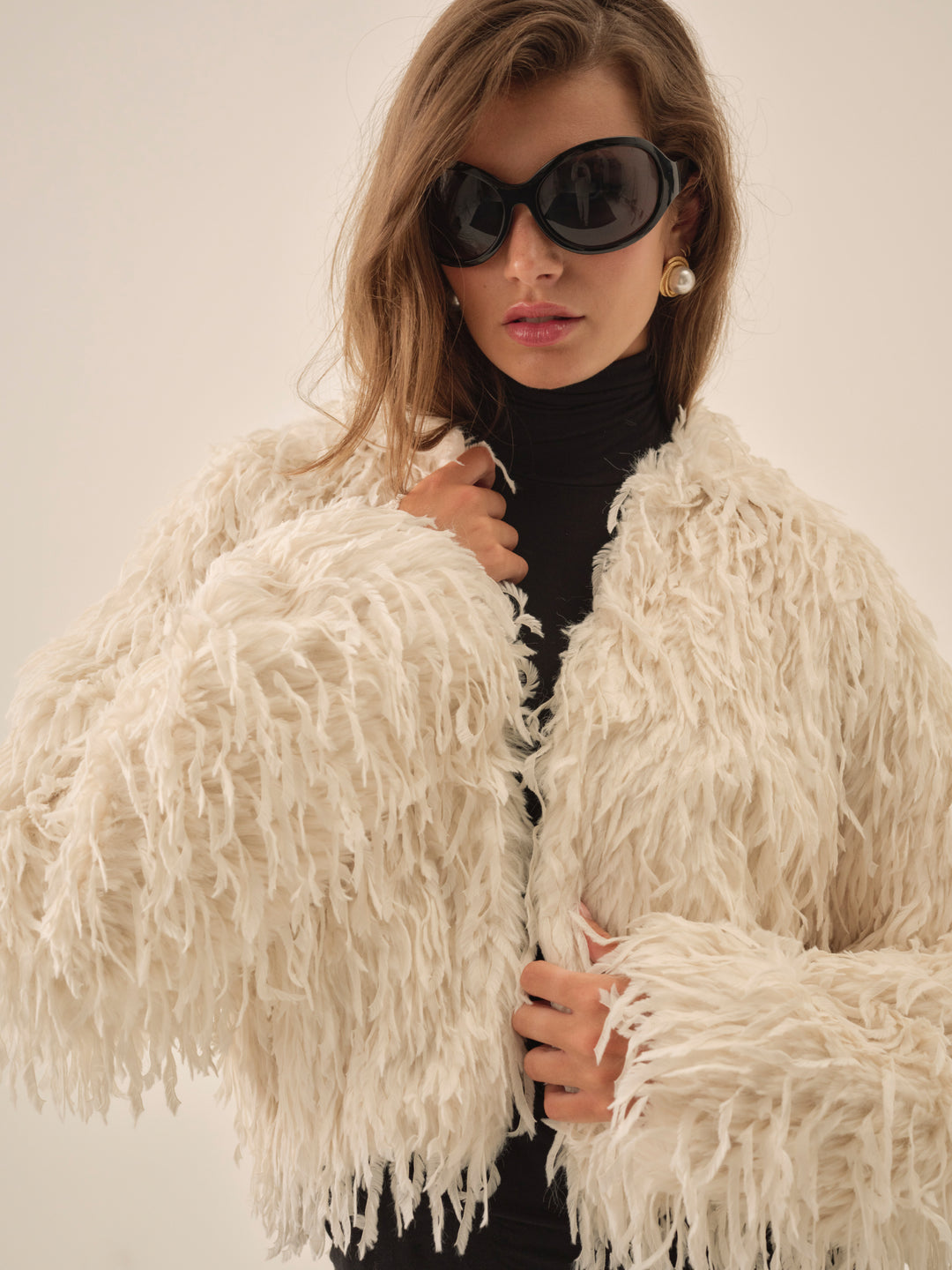 Ruffle Faux Feather Jacket Cream
