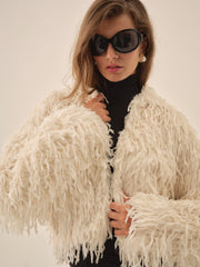 Ruffle Faux Feather Jacket Cream