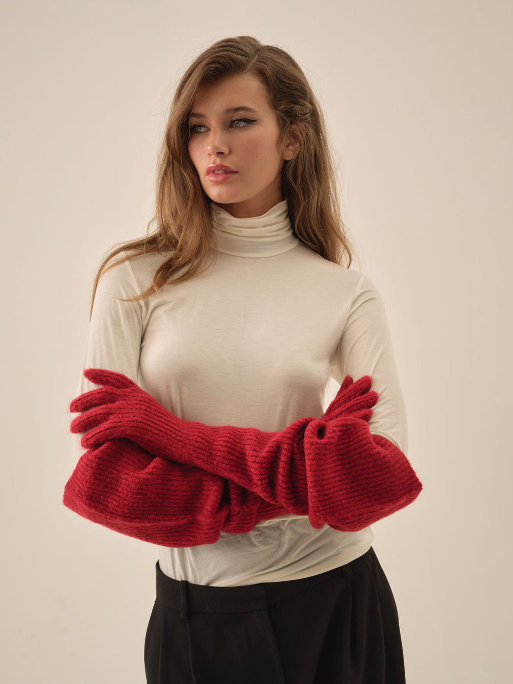 Slouchy Rib Knit Gloves Red
