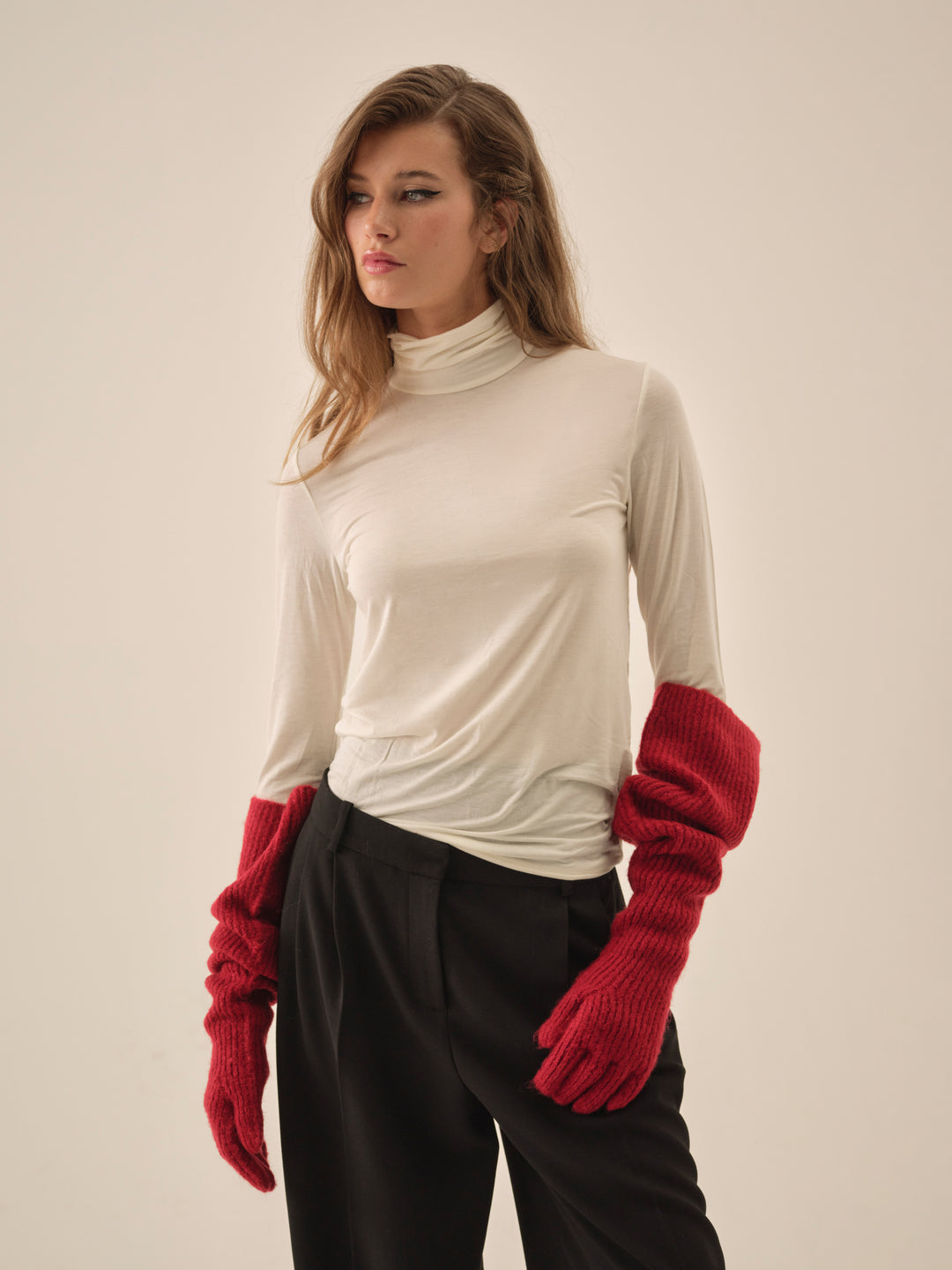 Slouchy Rib Knit Gloves Red