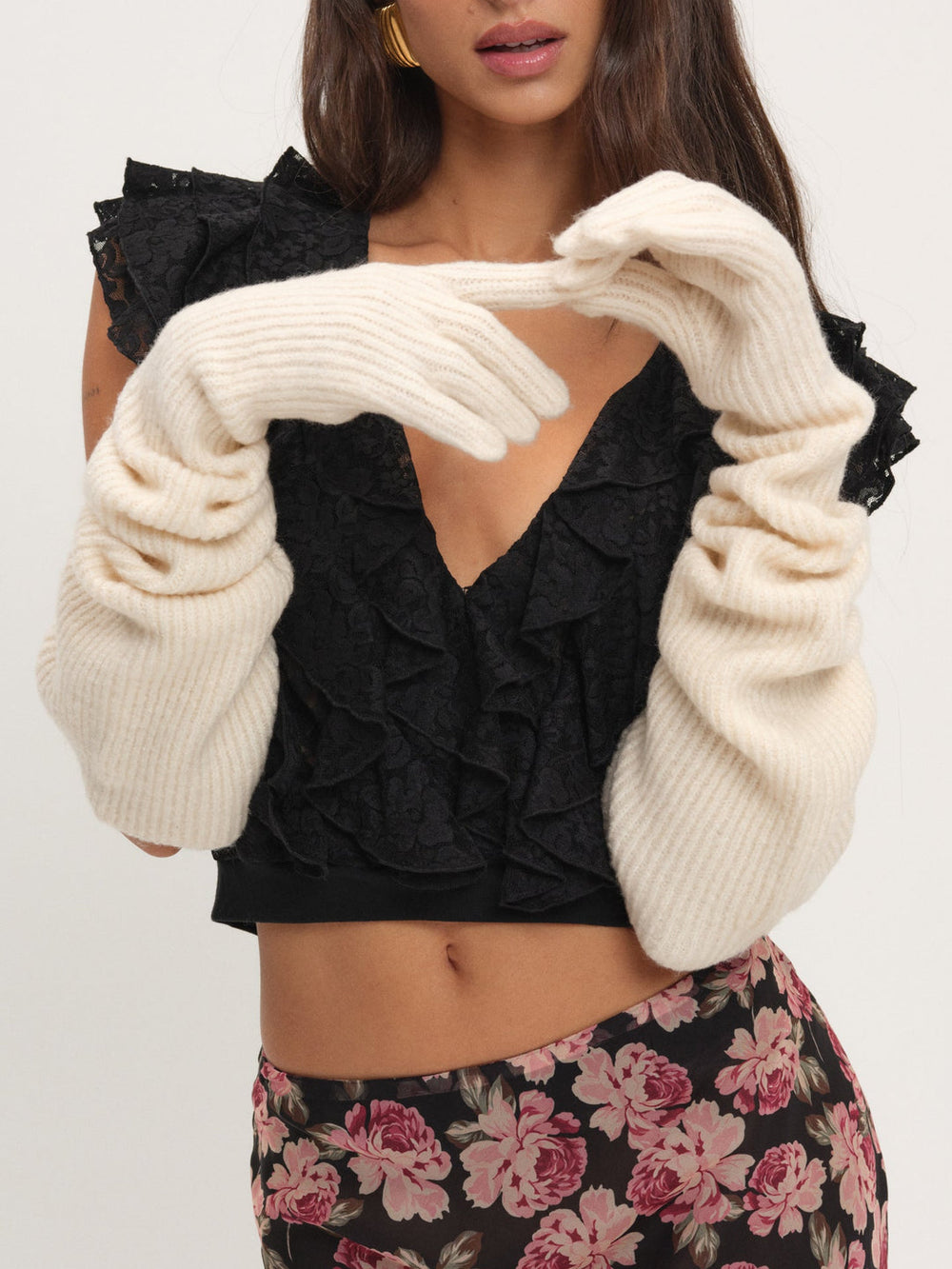 Slouchy Rib Knit Gloves Cream