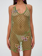 Tulip Grid Rhinestone Dress Green