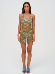 Tulip Grid Rhinestone Dress Green