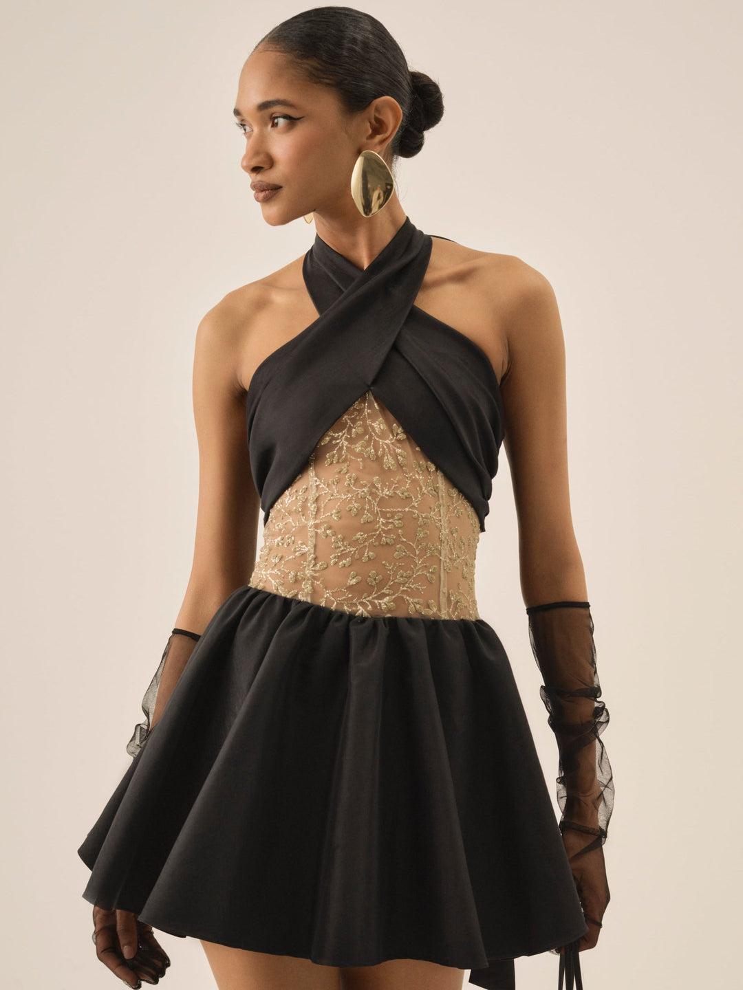 Shimmering Petals Mini Dress Black