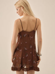 Beaded Garden Bow Mini Dress Brown