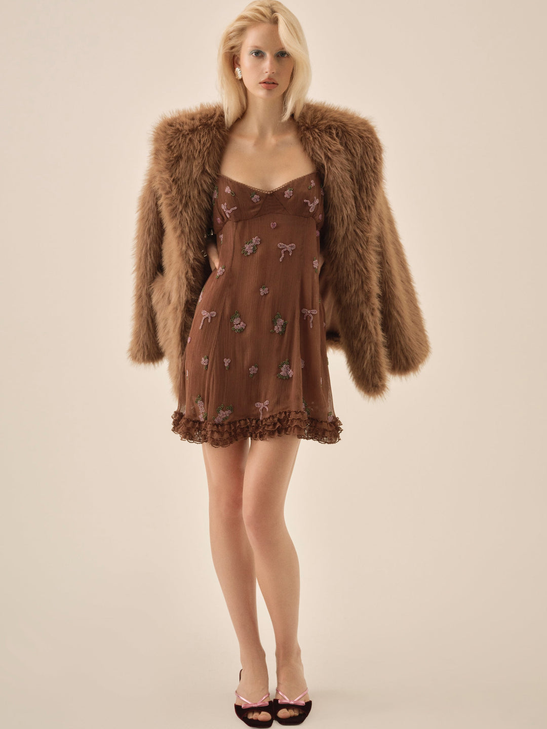 Beaded Garden Bow Mini Dress Brown