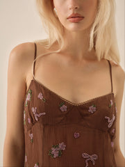 Beaded Garden Bow Mini Dress Brown