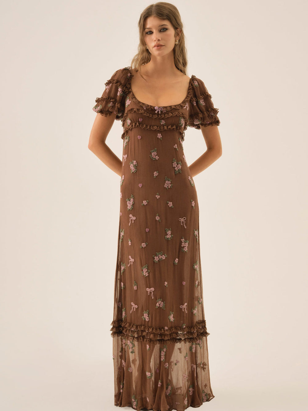 Beaded Garden Bow Maxi Dress Brown