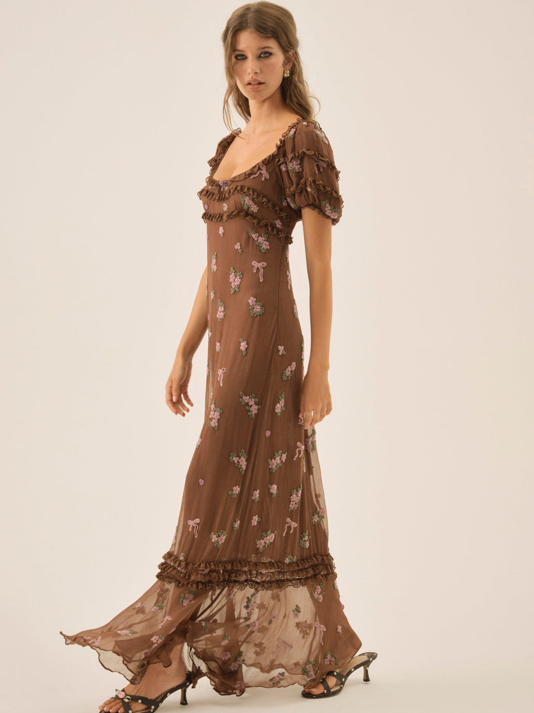Beaded Garden Bow Maxi Dress Brown