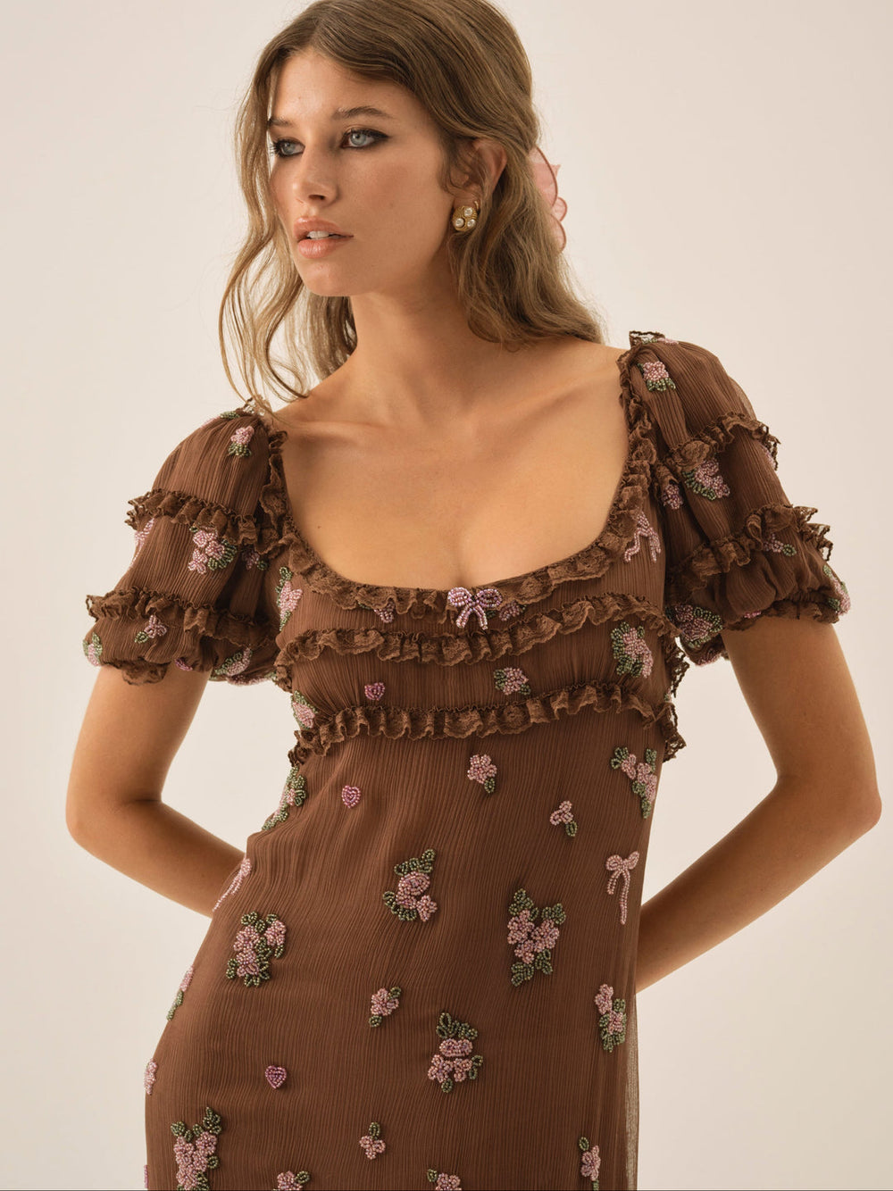 Beaded Garden Bow Maxi Dress Brown