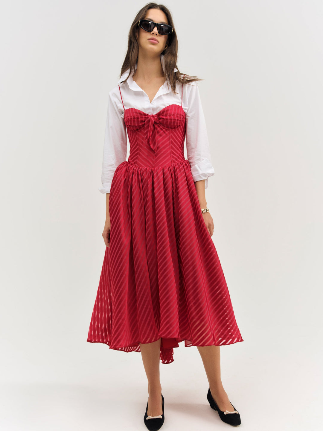 Satin Burnout Stripe Midi Dress Red