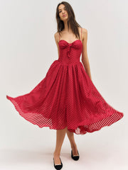 Satin Burnout Stripe Midi Dress Red