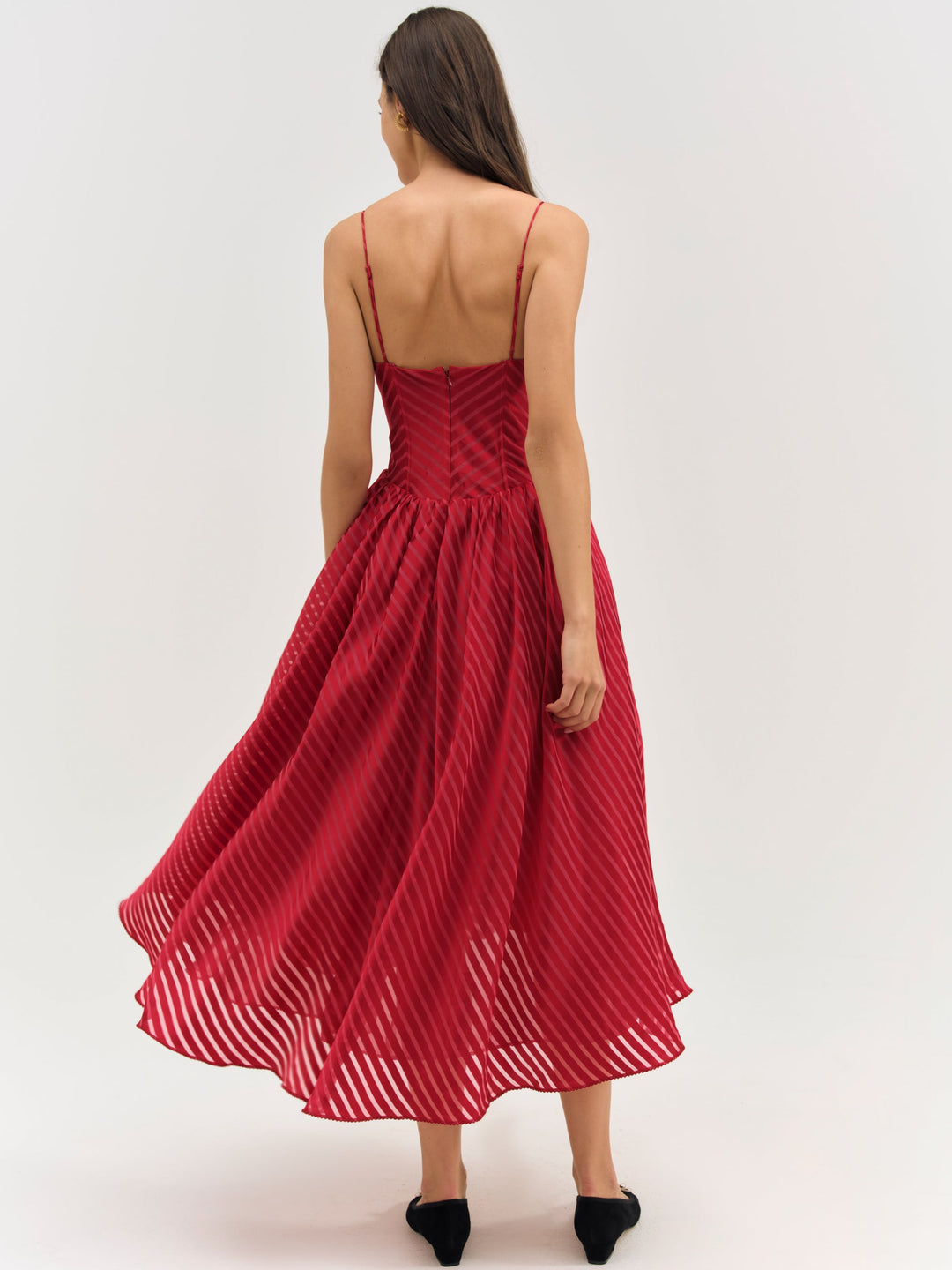 Satin Burnout Stripe Midi Dress Red