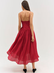 Satin Burnout Stripe Midi Dress Red