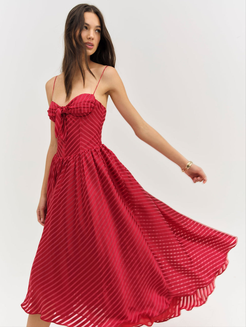 Satin Burnout Stripe Midi Dress Red