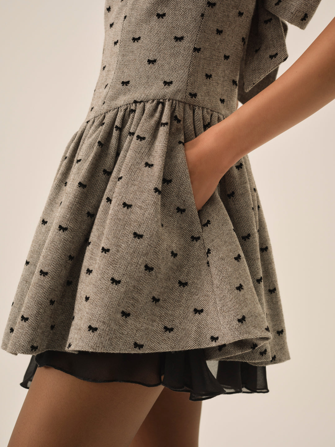 Twill Bow Mini Dress Grey
