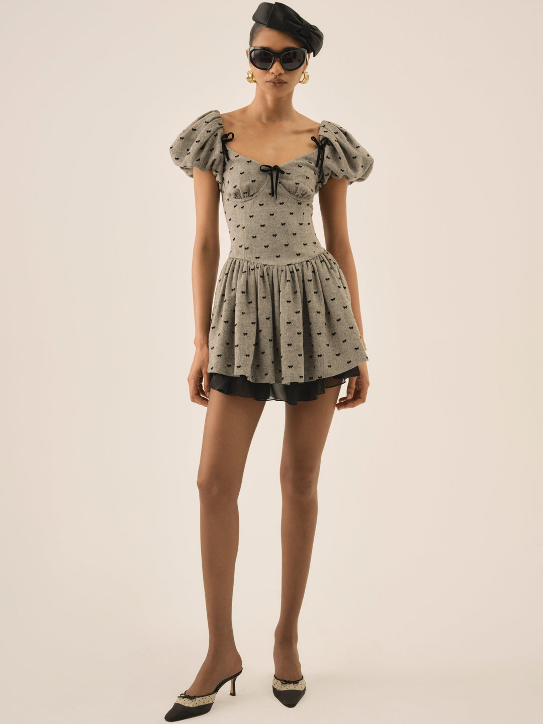 Twill Bow Mini Dress Grey