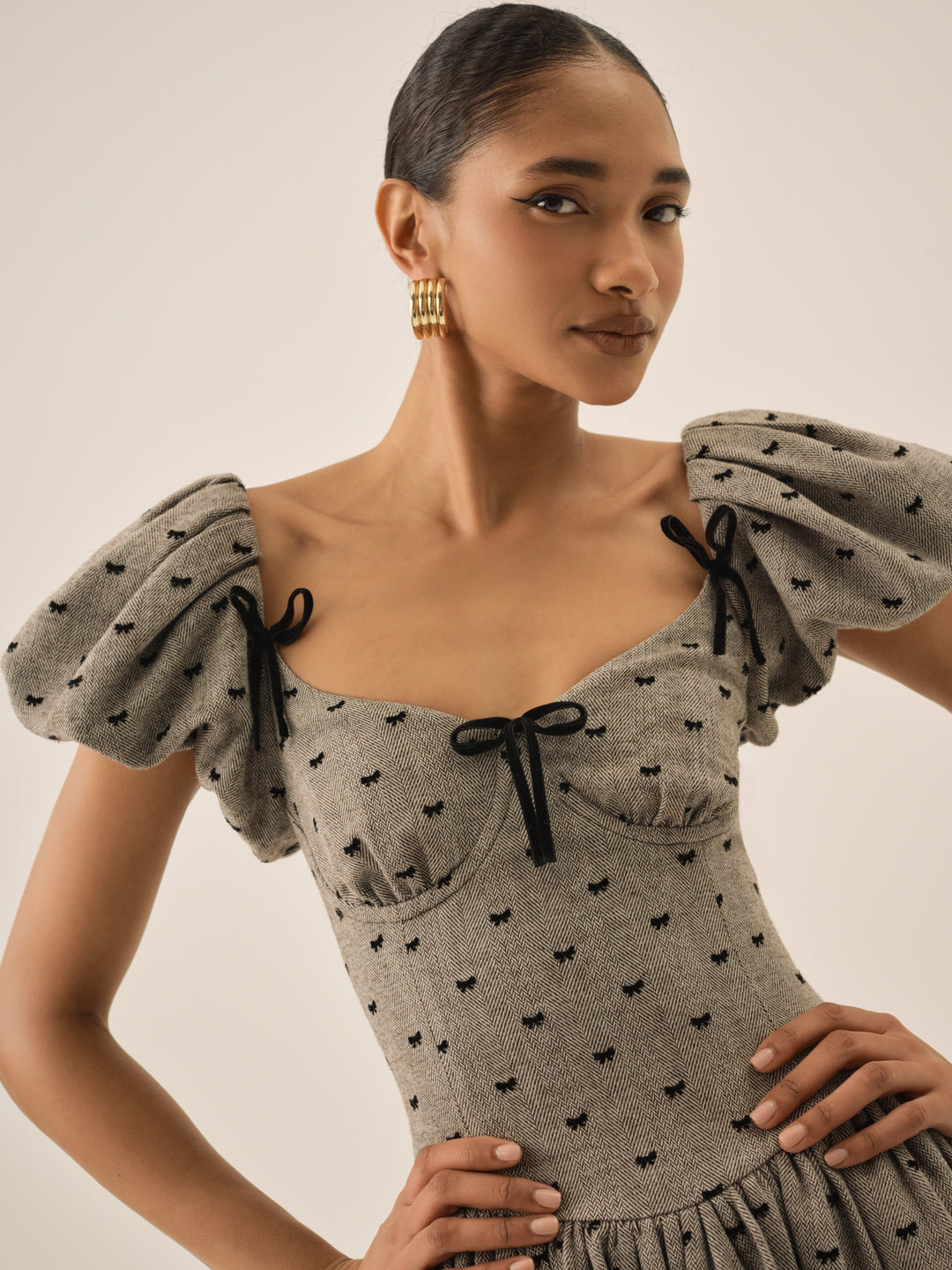 Twill Bow Mini Dress Grey