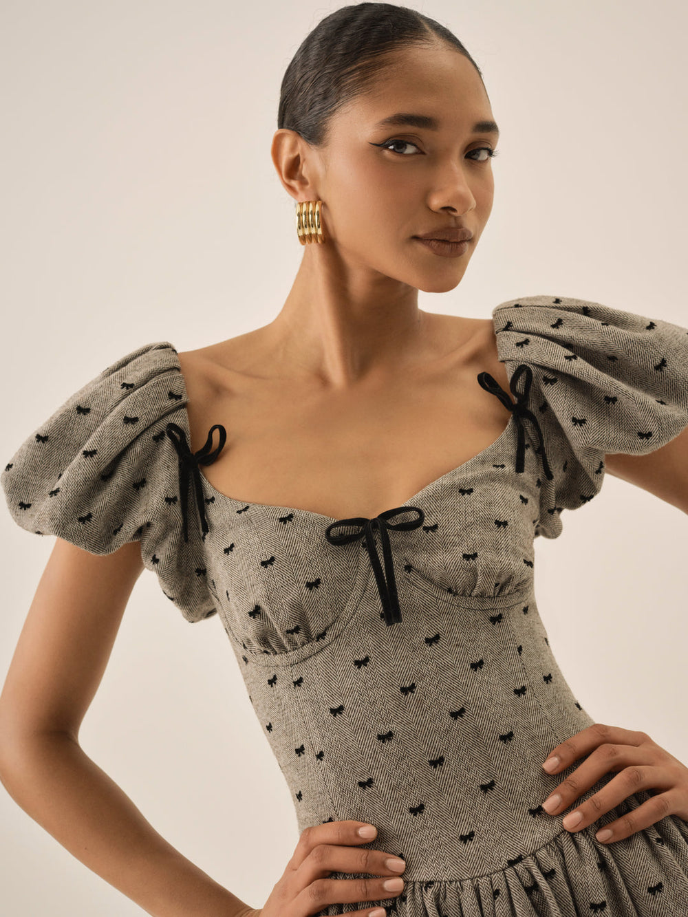 Twill Bow Mini Dress Grey