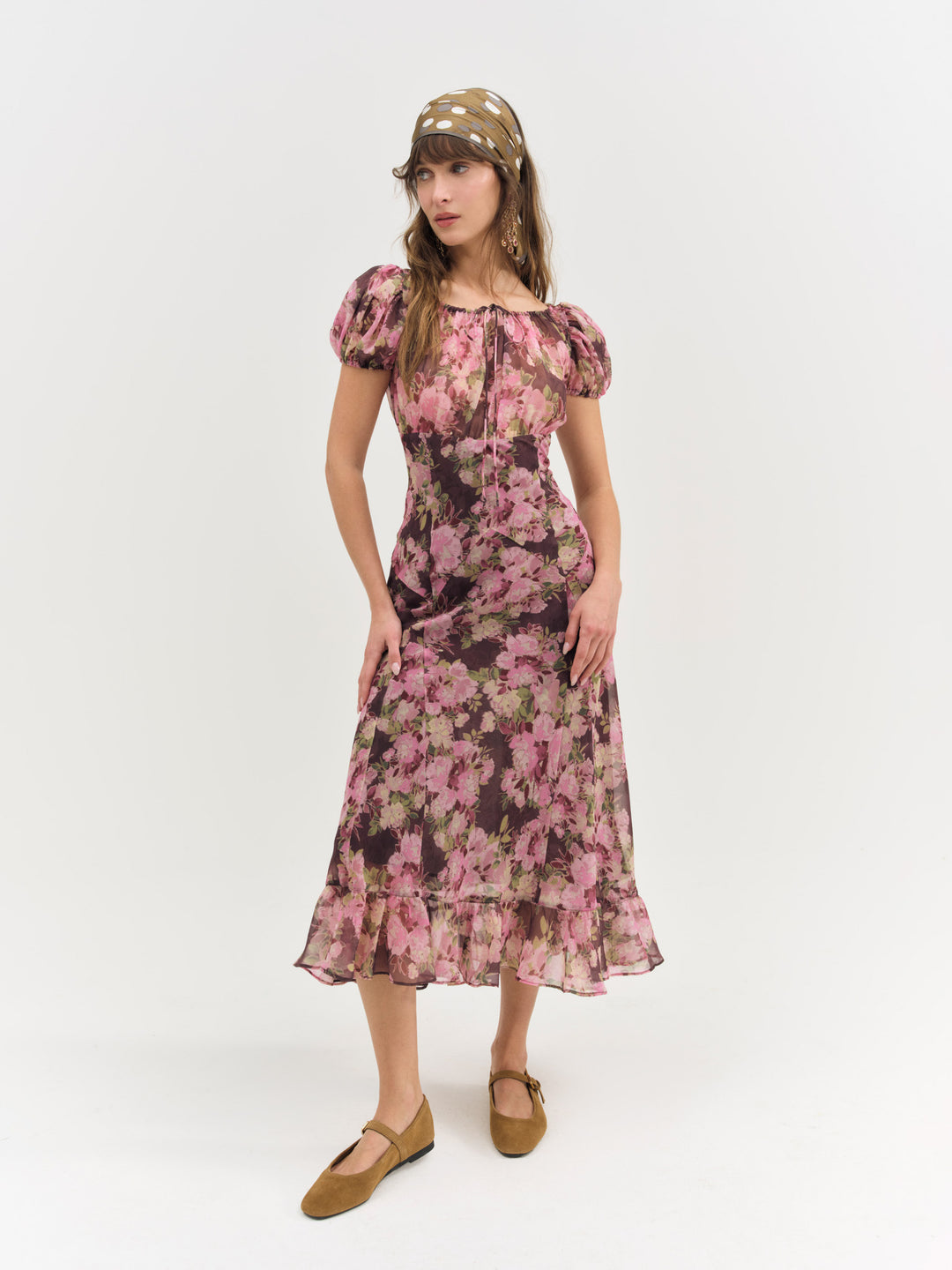 Adeline Floral Midi Dress Brown