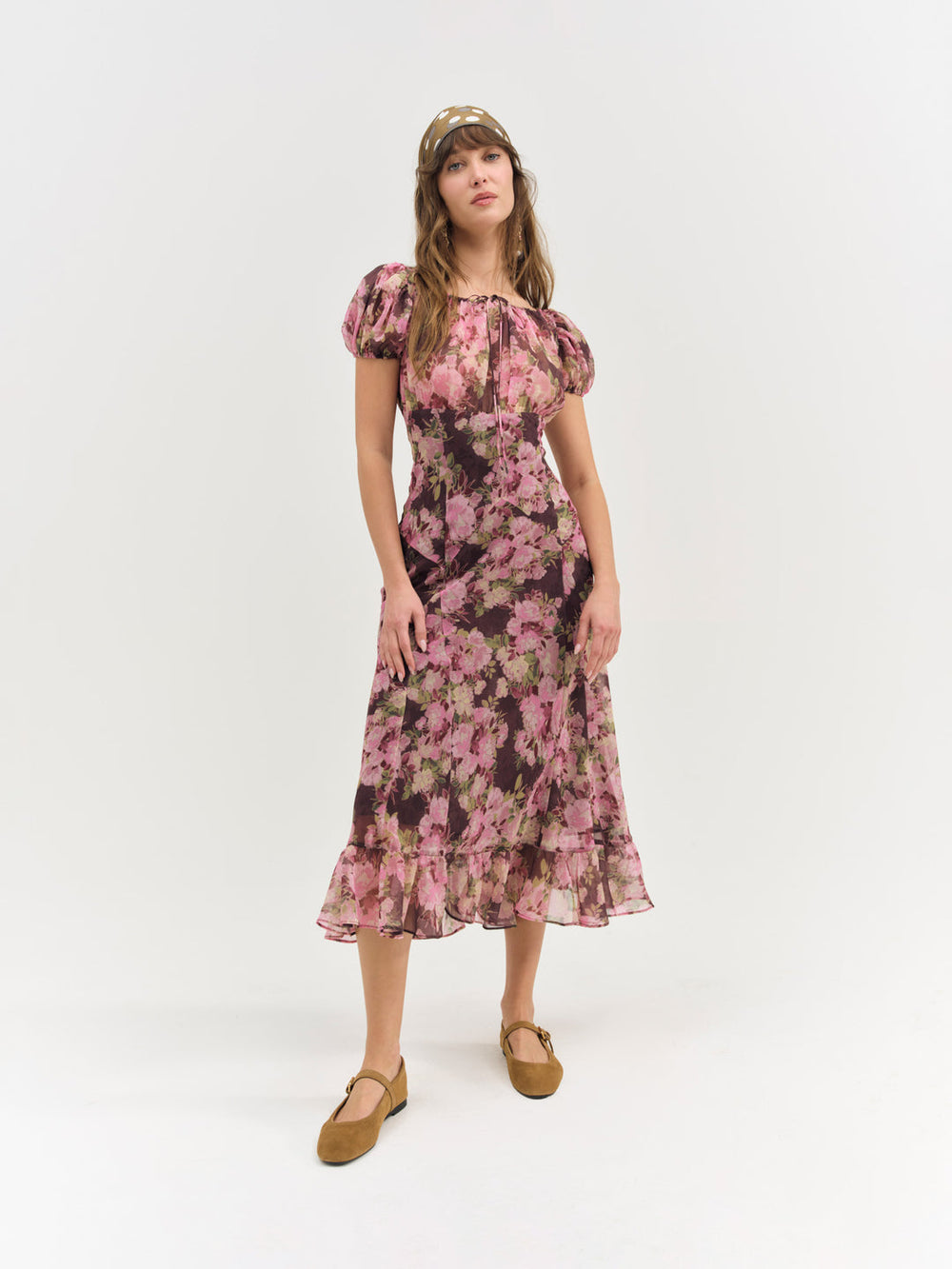 Adeline Floral Midi Dress Brown