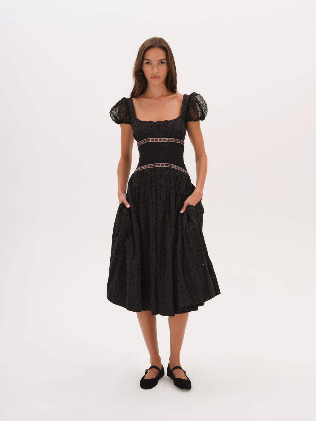 Verbana Eyelet Midi Dress Black