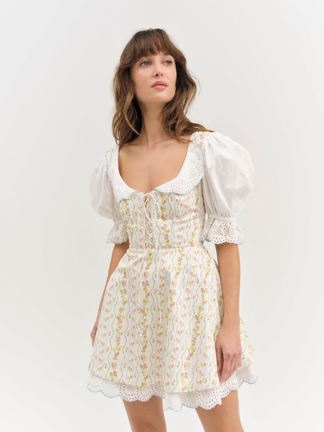 Brigitta Floral Short Sleeve Mini Dress Ivory