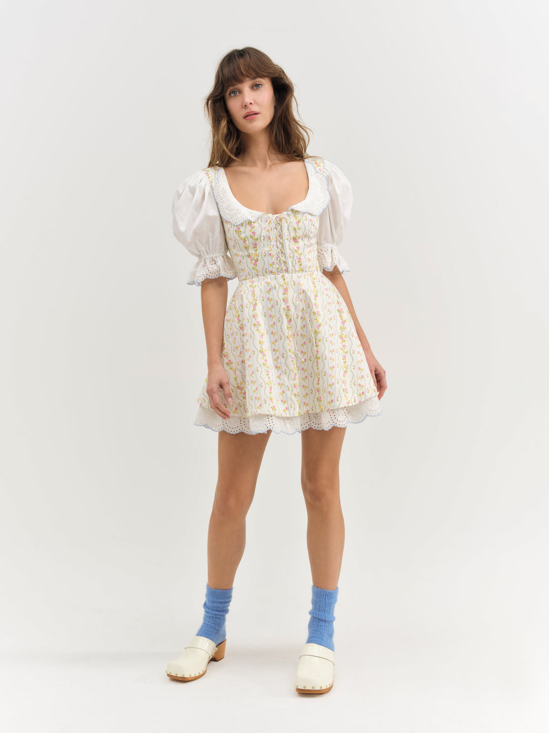 Brigitta Floral Short Sleeve Mini Dress Ivory