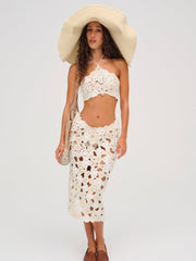 Floral Crochet Coverup Midi Skirt White