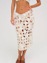 Floral Crochet Coverup Midi Skirt White