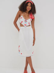 Forget Me Not Embroidery Midi Skirt White