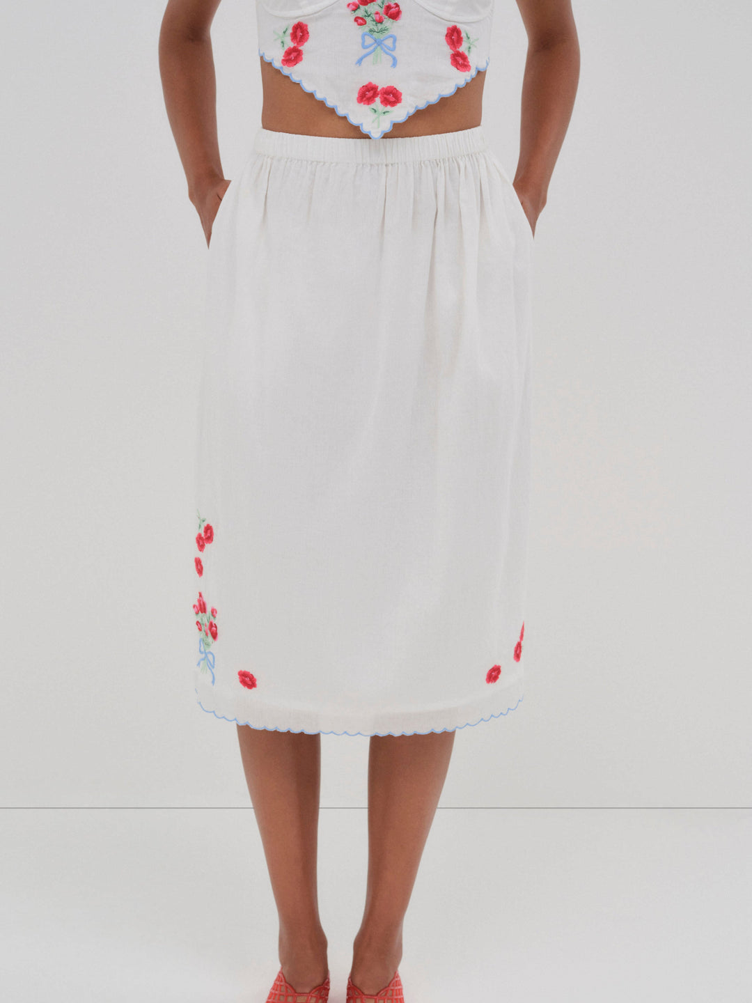 Forget Me Not Embroidery Midi Skirt White