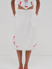 Forget Me Not Embroidery Midi Skirt White