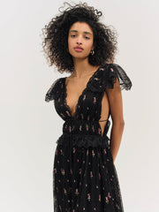 Poppy Pleated Lace Maxi Dress Black