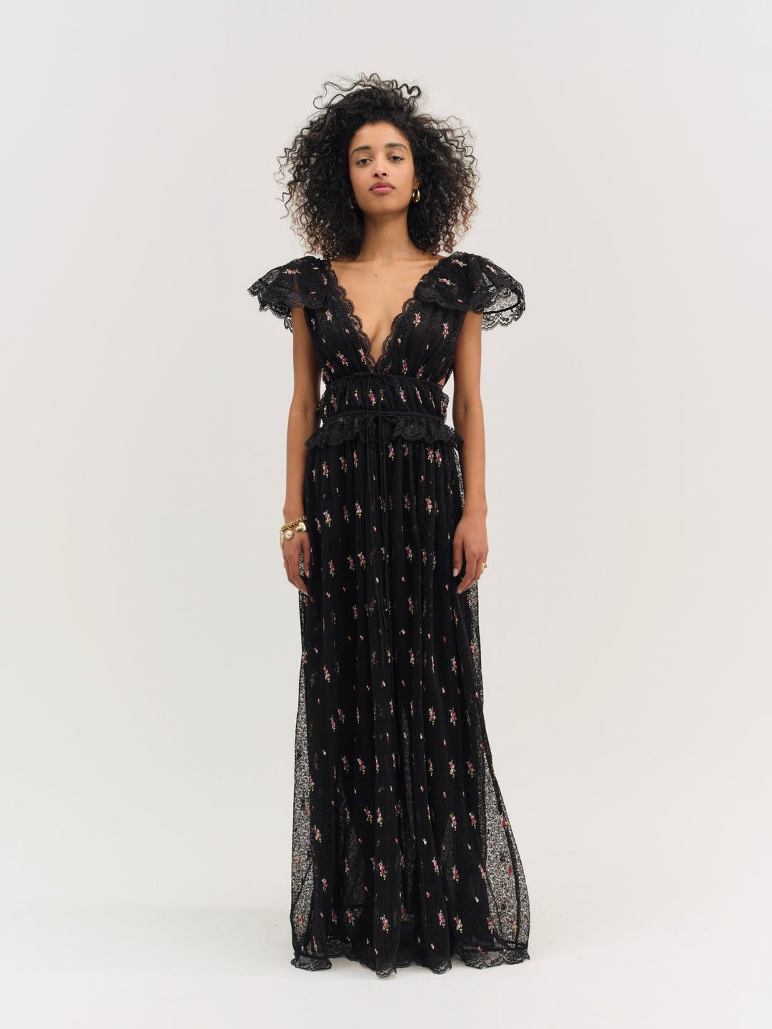 Poppy Pleated Lace Maxi Dress Black