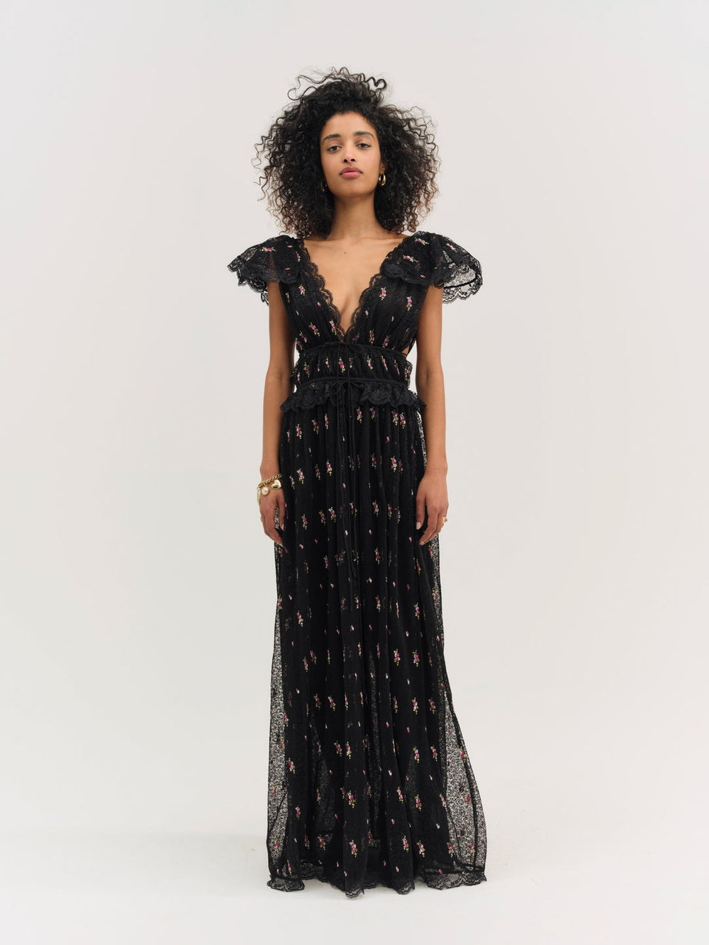Poppy Pleated Lace Maxi Dress Black
