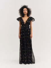Poppy Pleated Lace Maxi Dress Black