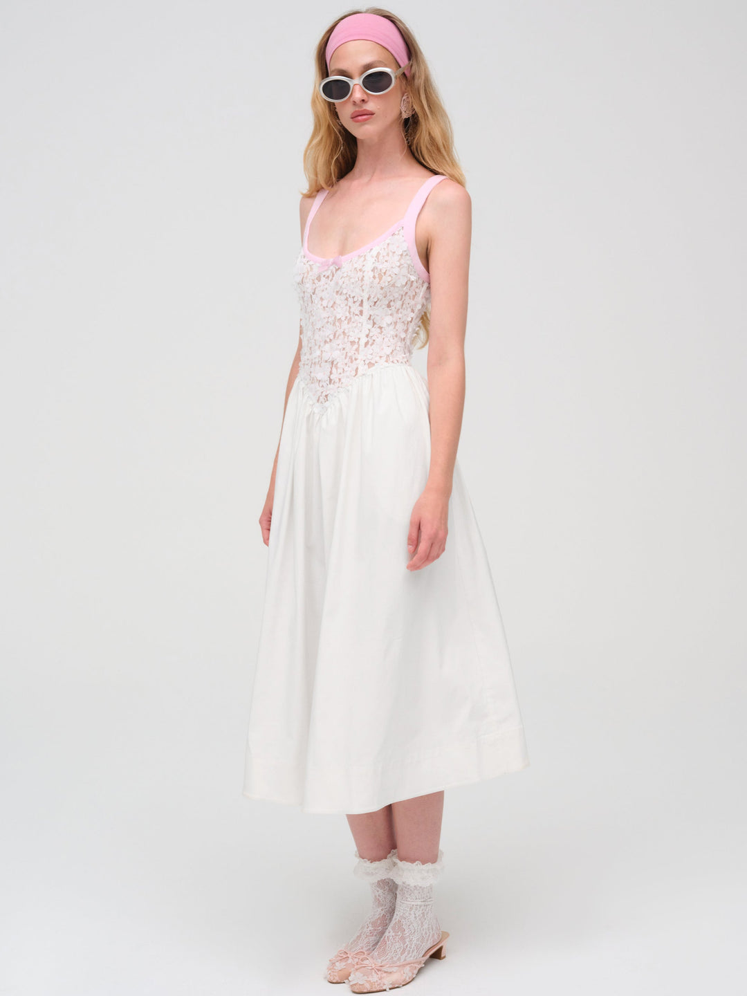 Stacked Blossom Lace Midi Dress White