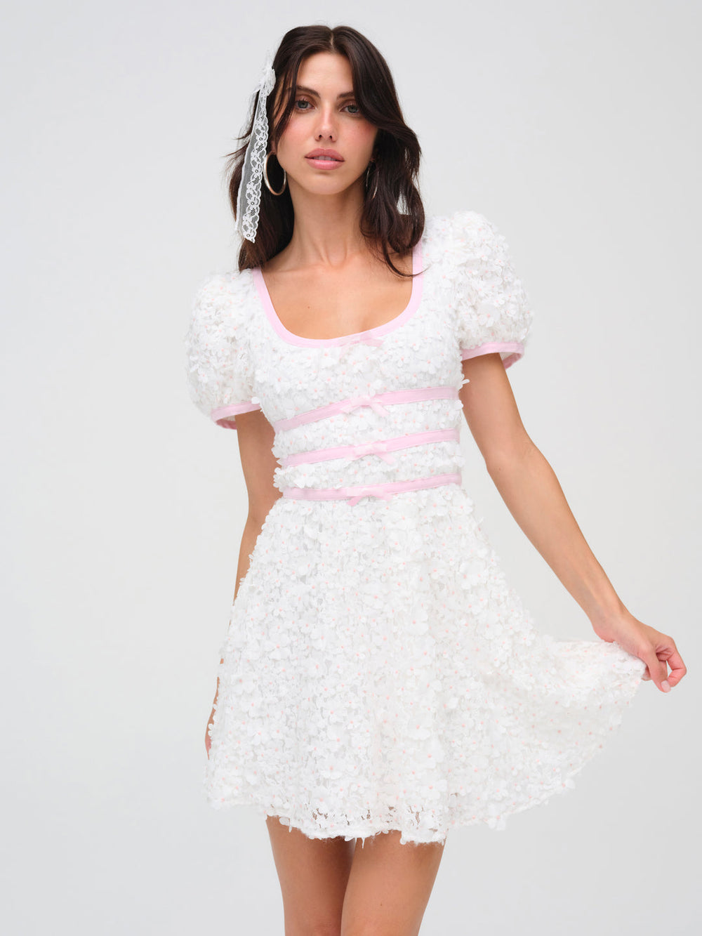 Stacked Blossom Lace Mini Dress White