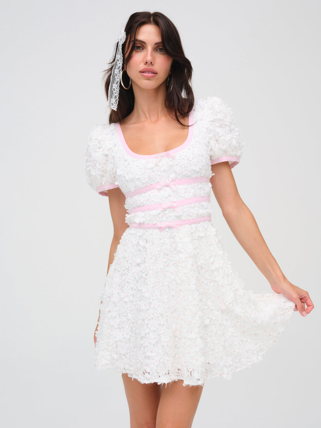 Stacked Blossom Lace Mini Dress White